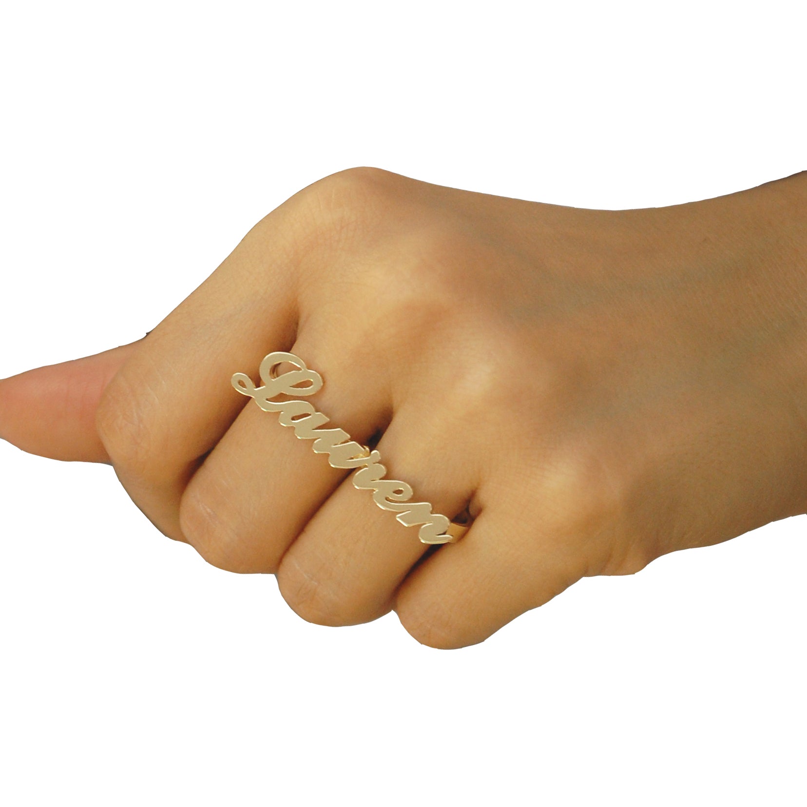 Model wearing custom solid gold Lauren Conrad two-finger name ring across fingers