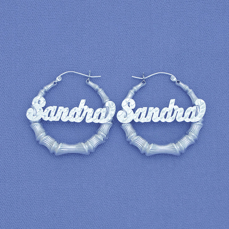 'Personalized Sterling Silver Round Name Bamboo Earrings 1 3-8 SB31'