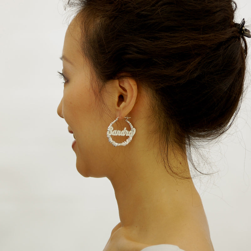 'Personalized Sterling Silver Round Name Bamboo Earrings 1 3-8 SB31'