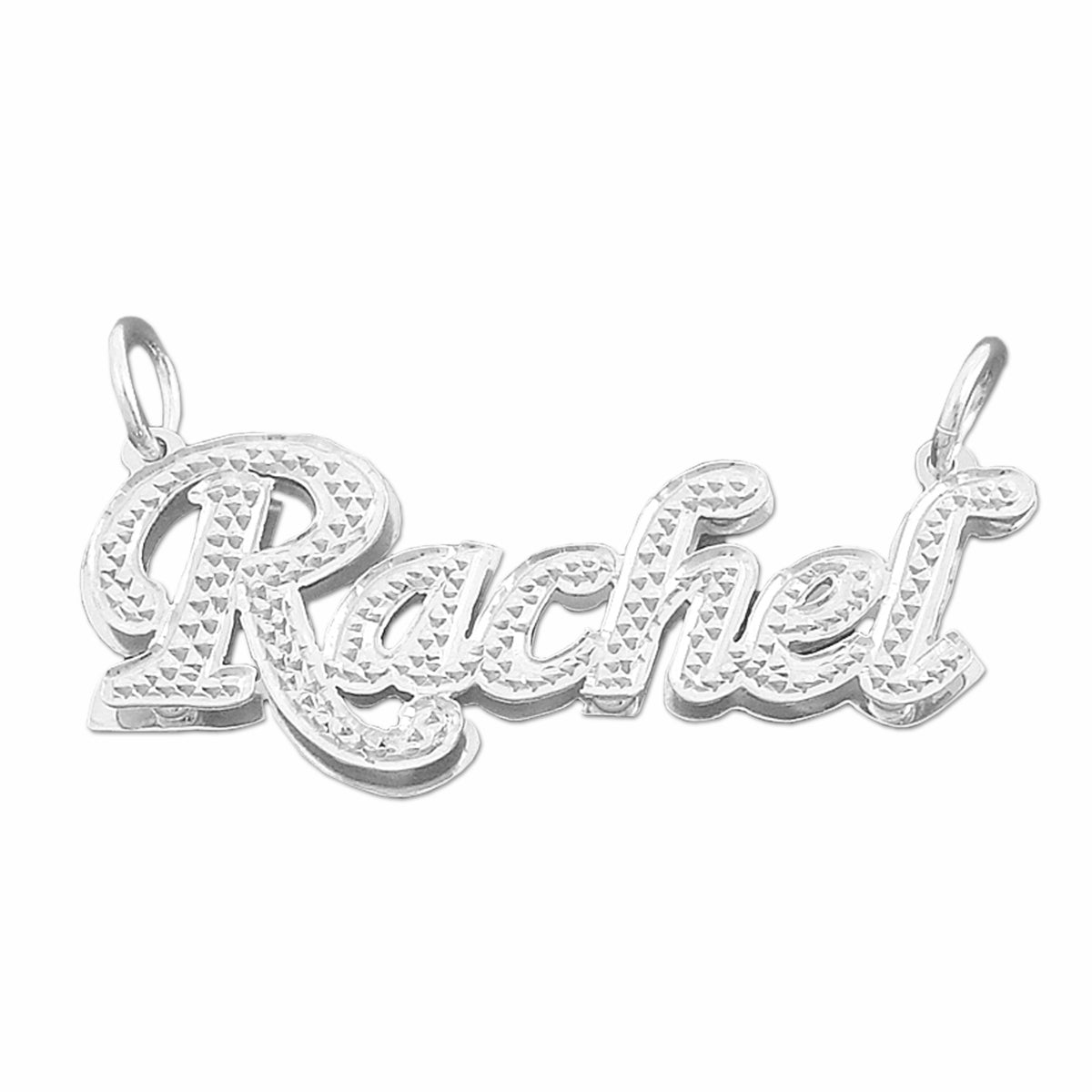 Custom 3D sterling silver double-plate name pendant necklace spelling 'Rachel' with diamond cuts and rhodium finish.