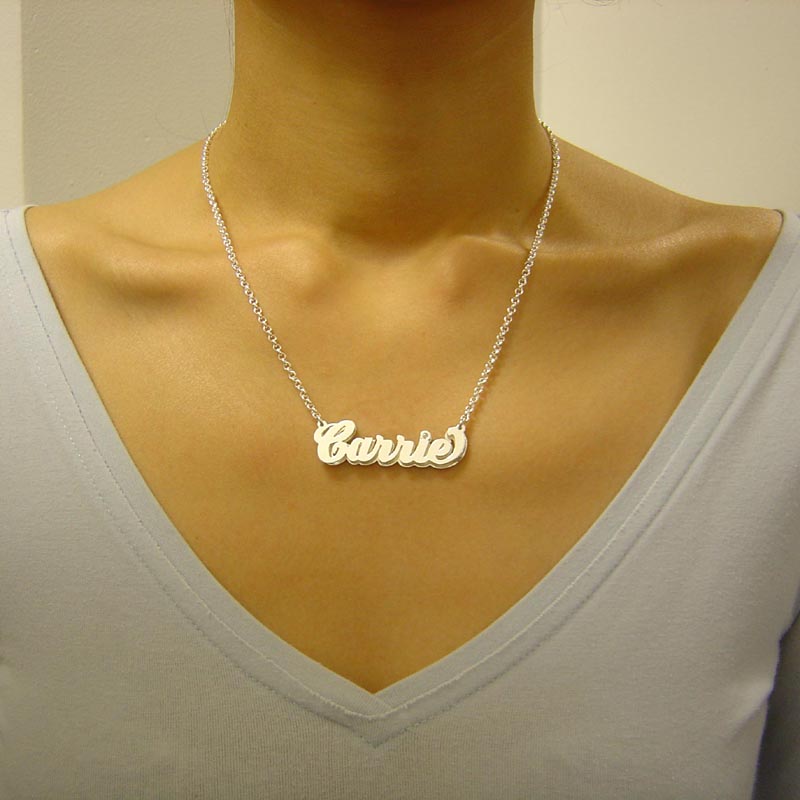 Sterling Silver Personalized 3D Double Plates Shiny Cursive Name Pendant Necklace Charm