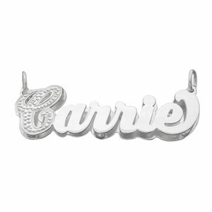 Personalized 3D double name necklace pendant featuring the name "Carrie" in silver cursive script with diamond-cut accents.