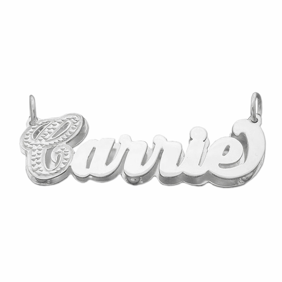 Personalized 3D double name necklace pendant featuring the name "Carrie" in silver cursive script with diamond-cut accents.