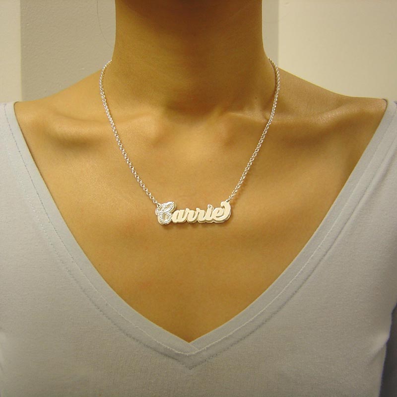 Silver Personalized 3D Double Name Necklace Pendant Charm Cursive Font Diamond Accent