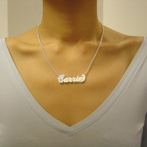 Sterling outlet Silver 3D Double Personalized Vertical Name Pendant Necklace Diamond Accent Jewelry SD08