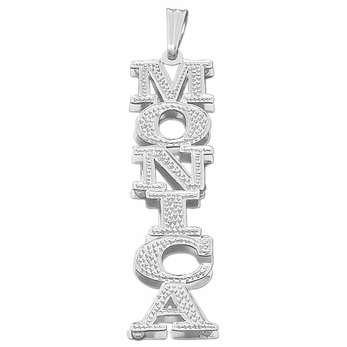 Custom 3D vertical sterling silver name pendant spelling MONICA with diamond-cut accents on a white background.