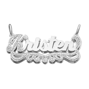 Personalized 3D double plate sterling silver cursive name pendant necklace featured on a plain background.