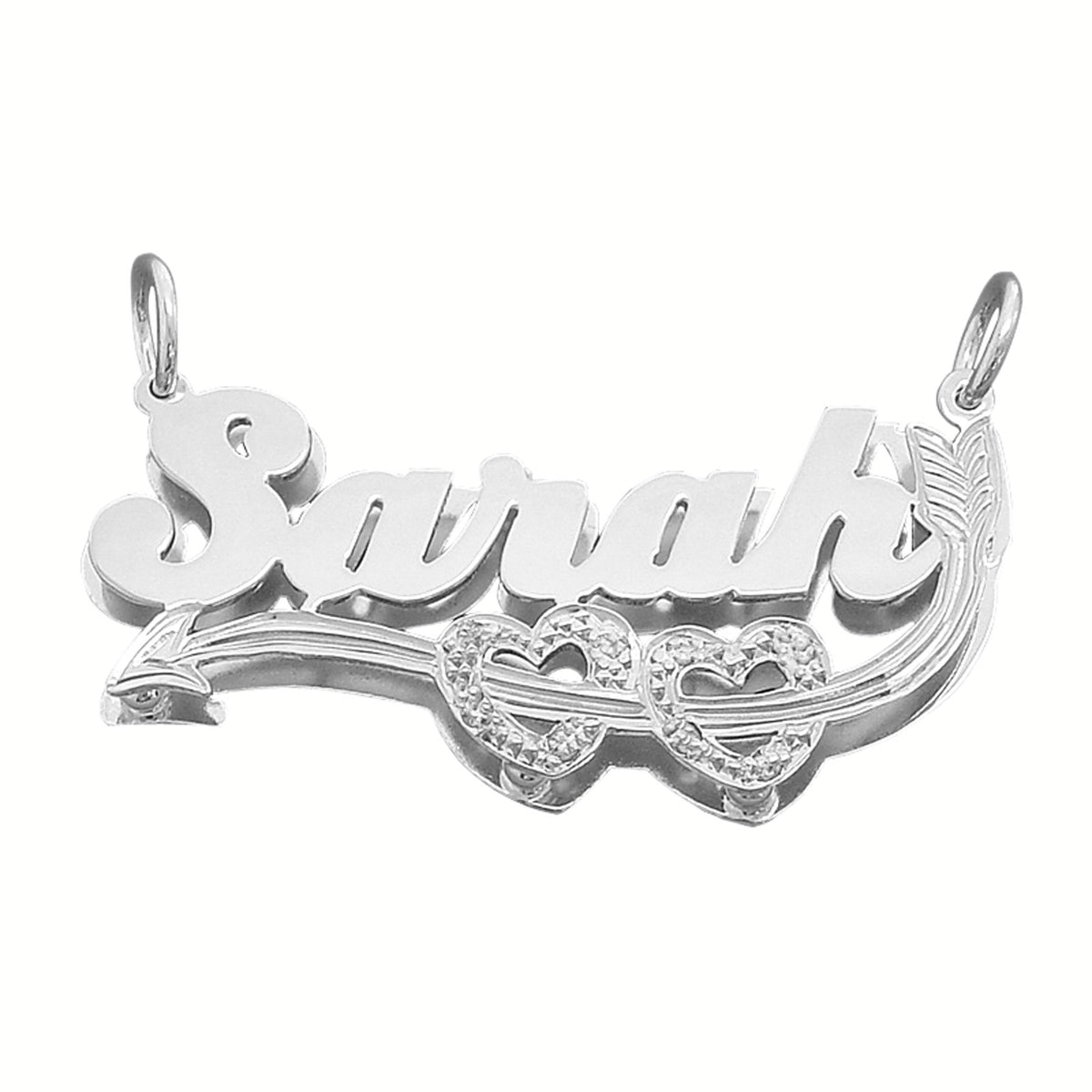 Custom sterling silver 3D double plate nameplate necklace spelling "Sarah" in script font with two hearts, a Cupid's arrow, and diamond accents.