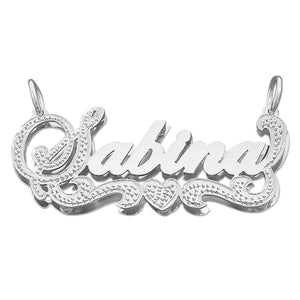 Personalized 3D sterling silver "Sabina" nameplate pendant featuring fancy cursive lettering and diamond accents.