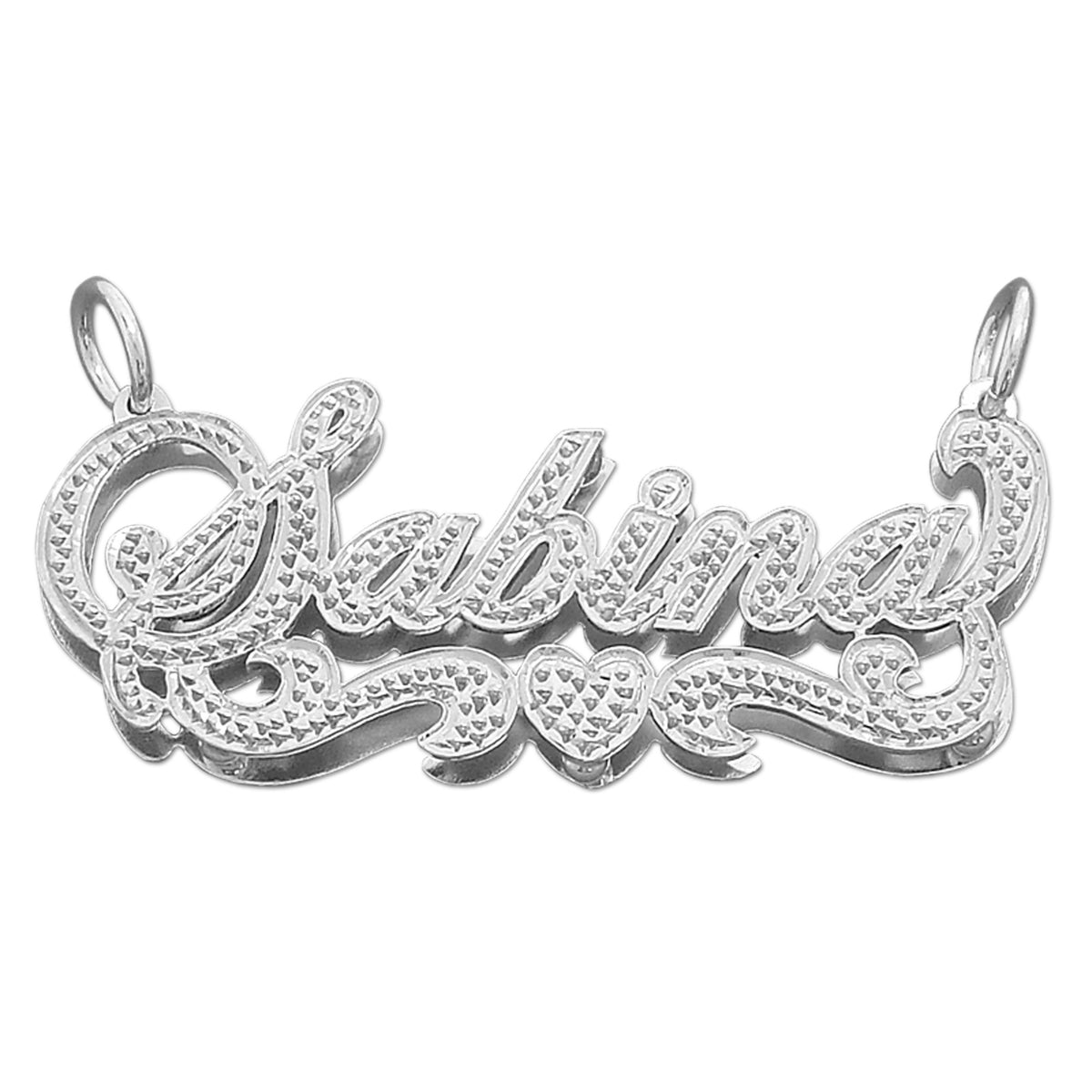 Sabina custom 3D double plate nameplate pendant in sterling silver with fancy cursive lettering and diamond accents