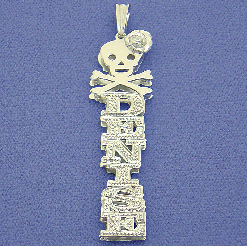 Sterling silver 3D double plate vertical personalized name pendant with skull, crossbones, and rose design on a blue background.