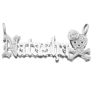 A sterling silver necklace featuring a 3D double skull pendant with the name 'Natasha' personalized on it, in an old English font, with a Rose decoration.