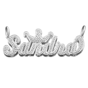 Personalized sterling silver 3D nameplate pendant featuring custom name Sandra topped with a crown detail and diamond accents.