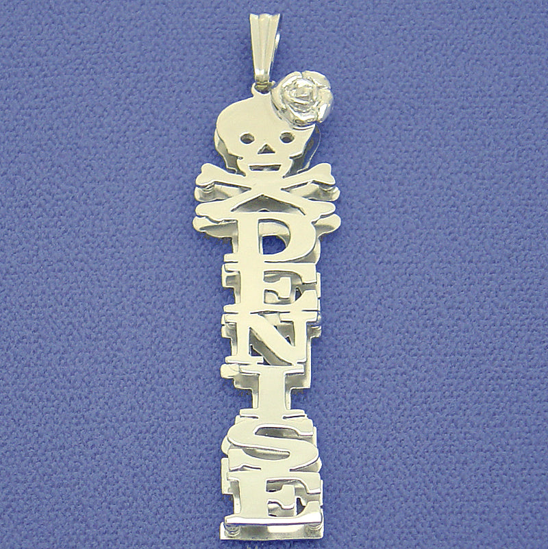 Silver 3D Double Plate Personalized Vertical Name Pendant Skull Crossbones Rose Charm
