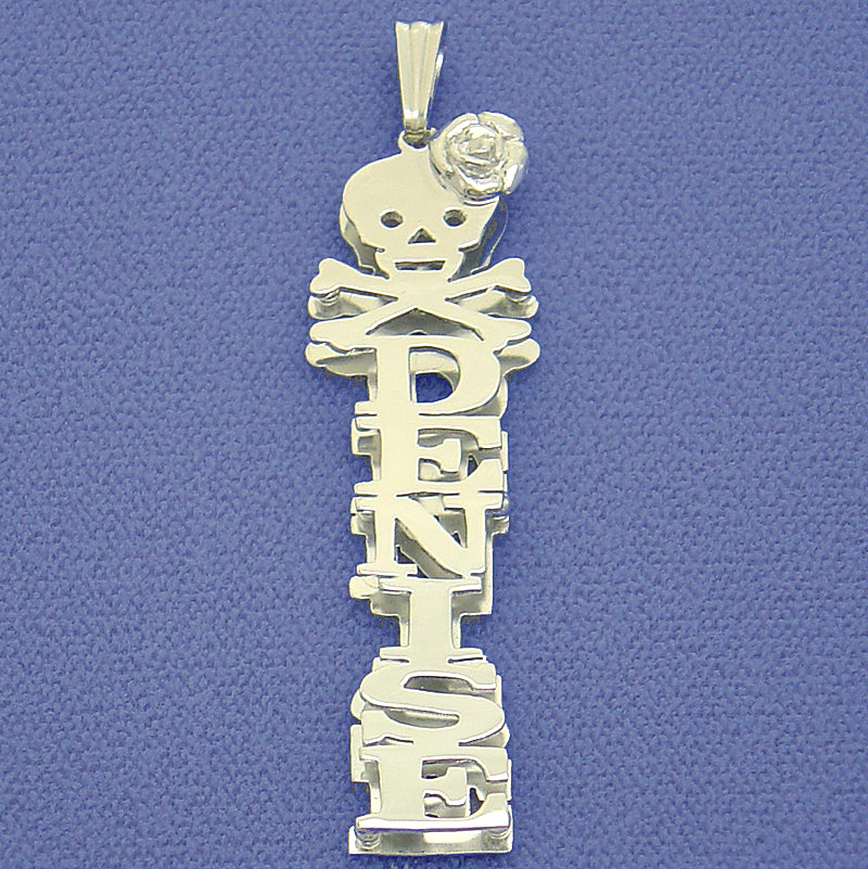 Custom 3D vertical sterling silver name pendant reading "DENISE" featuring a skull, crossbones, and rose charm design with diamond-cut accents.