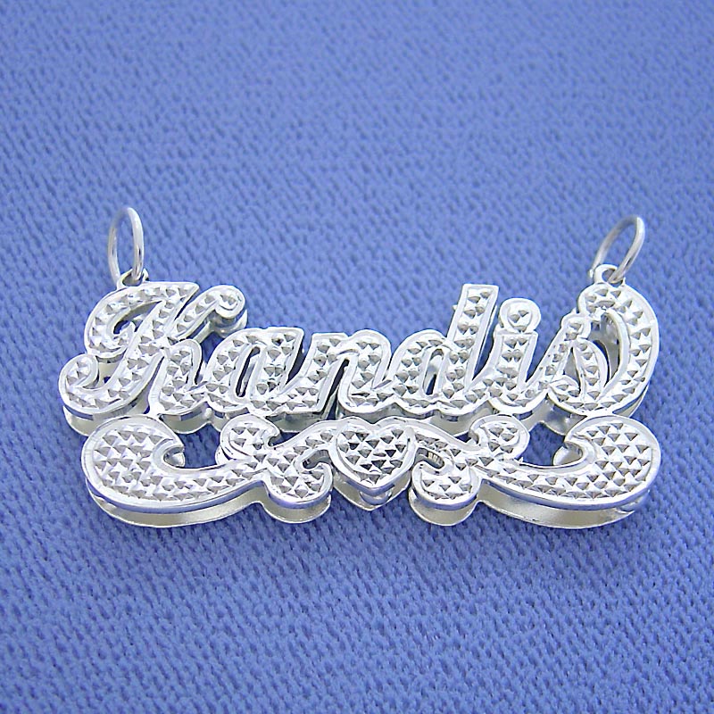 Handcrafted 3D double-plated sterling silver cursive name pendant featuring custom nameplate design with diamond accents.