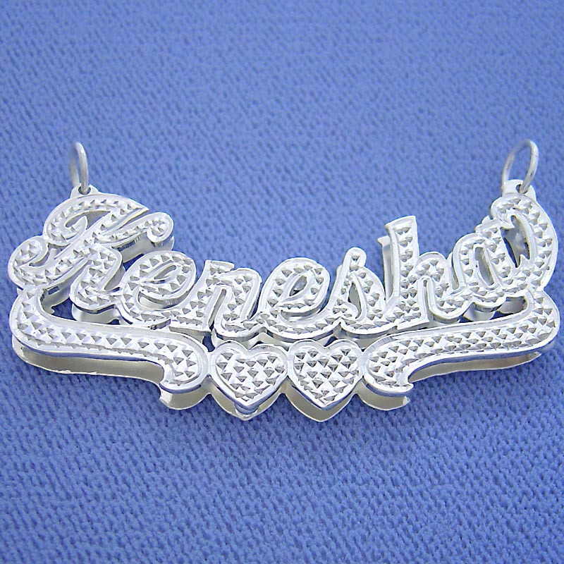 Custom 2-inch sterling silver 3D double-plated name pendant with diamond accents featuring the name "Kenesha".