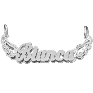 Custom 3D sterling silver double-plate name pendant spelling "Blanca" with detailed angel wings extending from both sides on a white background.