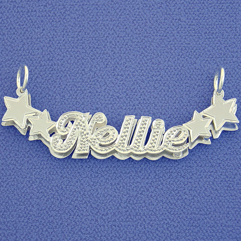 Custom 3D double-plate sterling silver nameplate necklace spelling "Kellie" featuring diamond-accented script, rhodium polish, and star charm details on both ends.