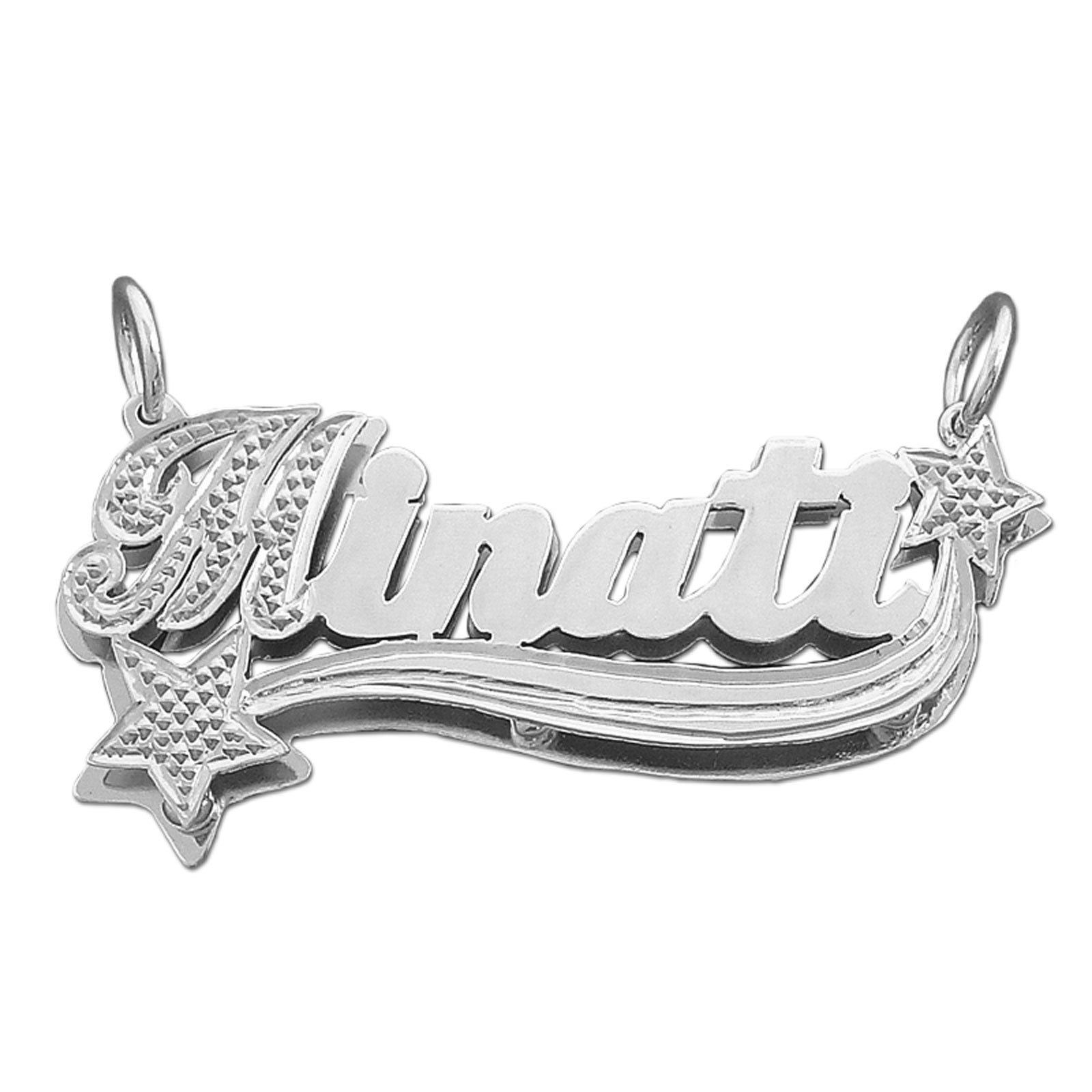 Personalized 3D double plate sterling silver name pendant in fancy script with star charms and diamond accents.