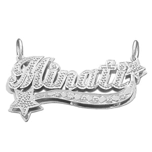 Personalized 3D double plate sterling silver name pendant featuring script lettering, hand-carved diamond accents, and two star details.