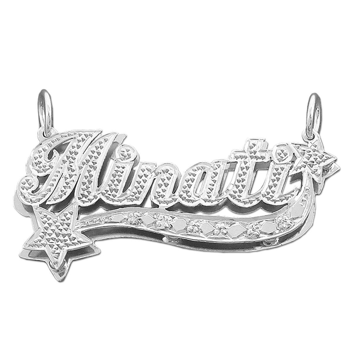 Personalized 3D double plate sterling silver name pendant featuring script lettering, hand-carved diamond accents, and two star details.