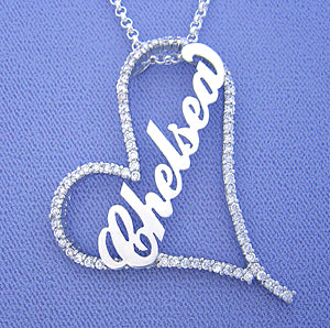 Large Silver Cubic Heart Personalized Name Pendant SP15