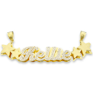 Handcrafted 10k solid gold 3D double plate personalized name pendant featuring Kellie in cursive script with star charms and diamond accents.