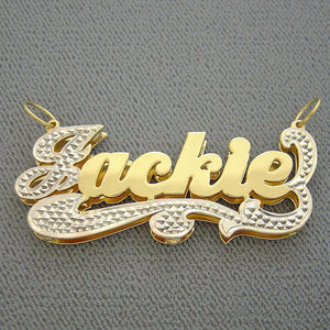 Solid 14K yellow gold 3D double plate personalized nameplate necklace with diamond-cut accents.