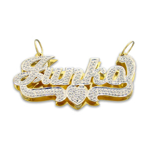 Custom 3D double plate solid gold name pendant ND34 with hand-carved diamond cut rhodium finish