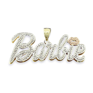 Custom 3D double-plate 10k solid gold Barbie name pendant with white-tone diamond accents.