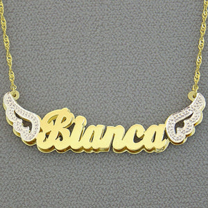 Custom solid gold angel wings 3D name pendant attached to a gold Singapore chain.