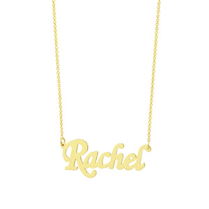 Dainty solid 14k gold personalized cursive name necklace pendant featuring the name Rachel.