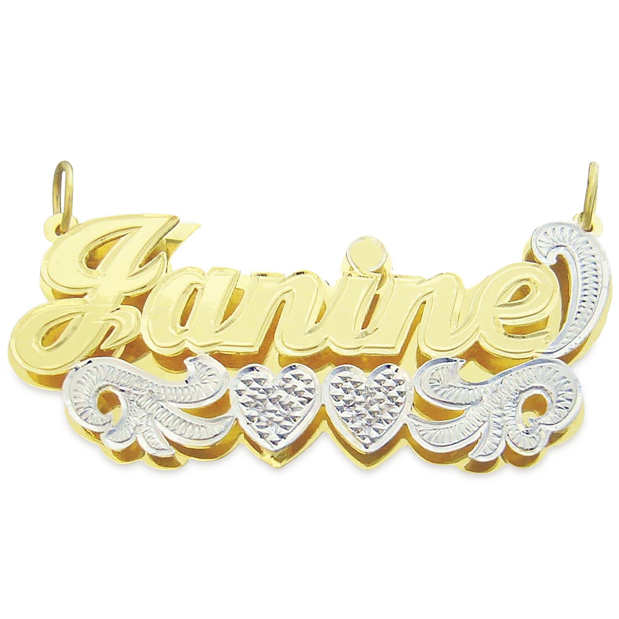 Large 3D custom gold name pendant featuring the name Janine with diamond-cut heart accents on a white background.