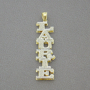 Custom vertical gold name pendant with top bail loop for chain attachment.
