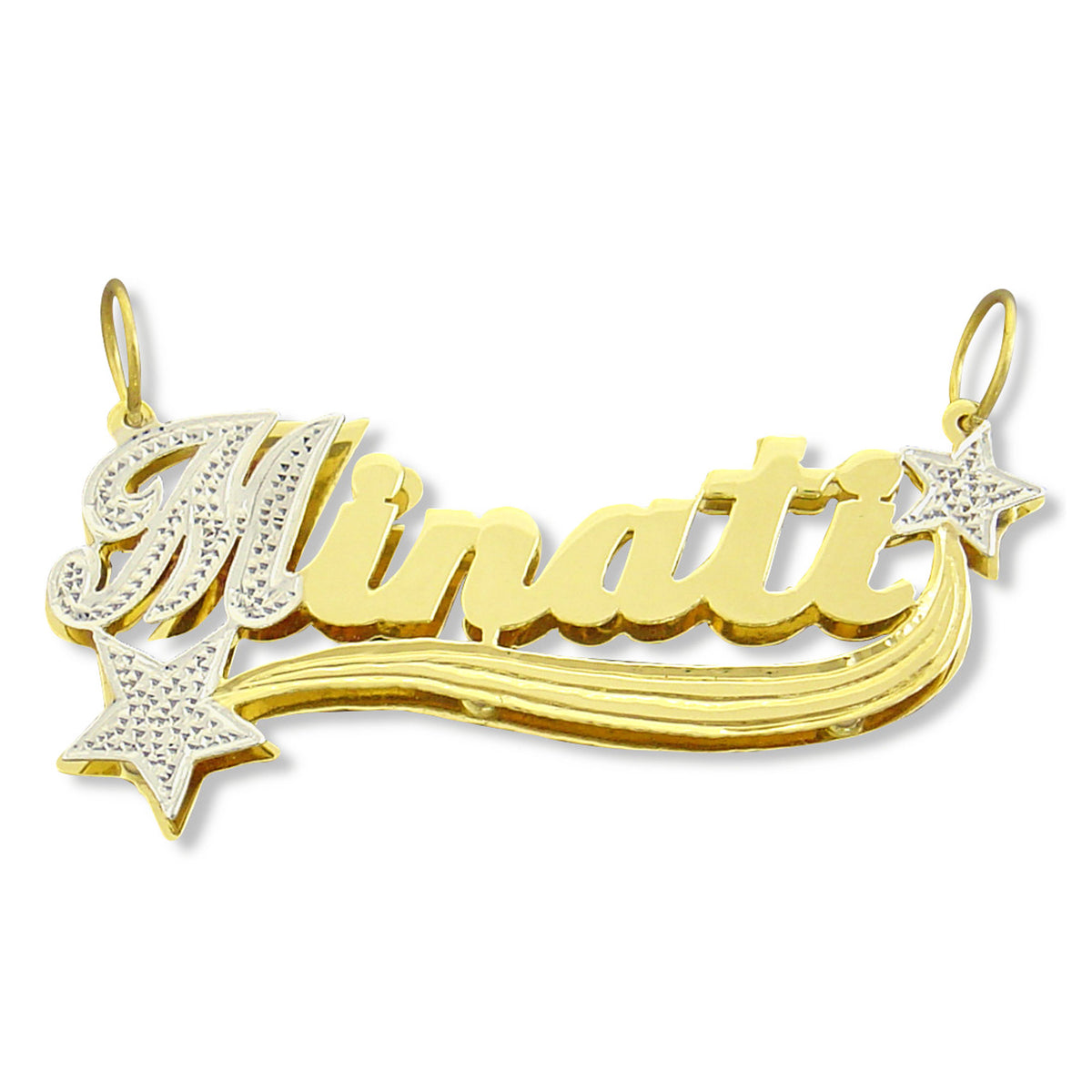 Solid 10K gold personalized 3D double-plate name pendant featuring iced-out rhodium-plated star accents and custom cursive script lettering.