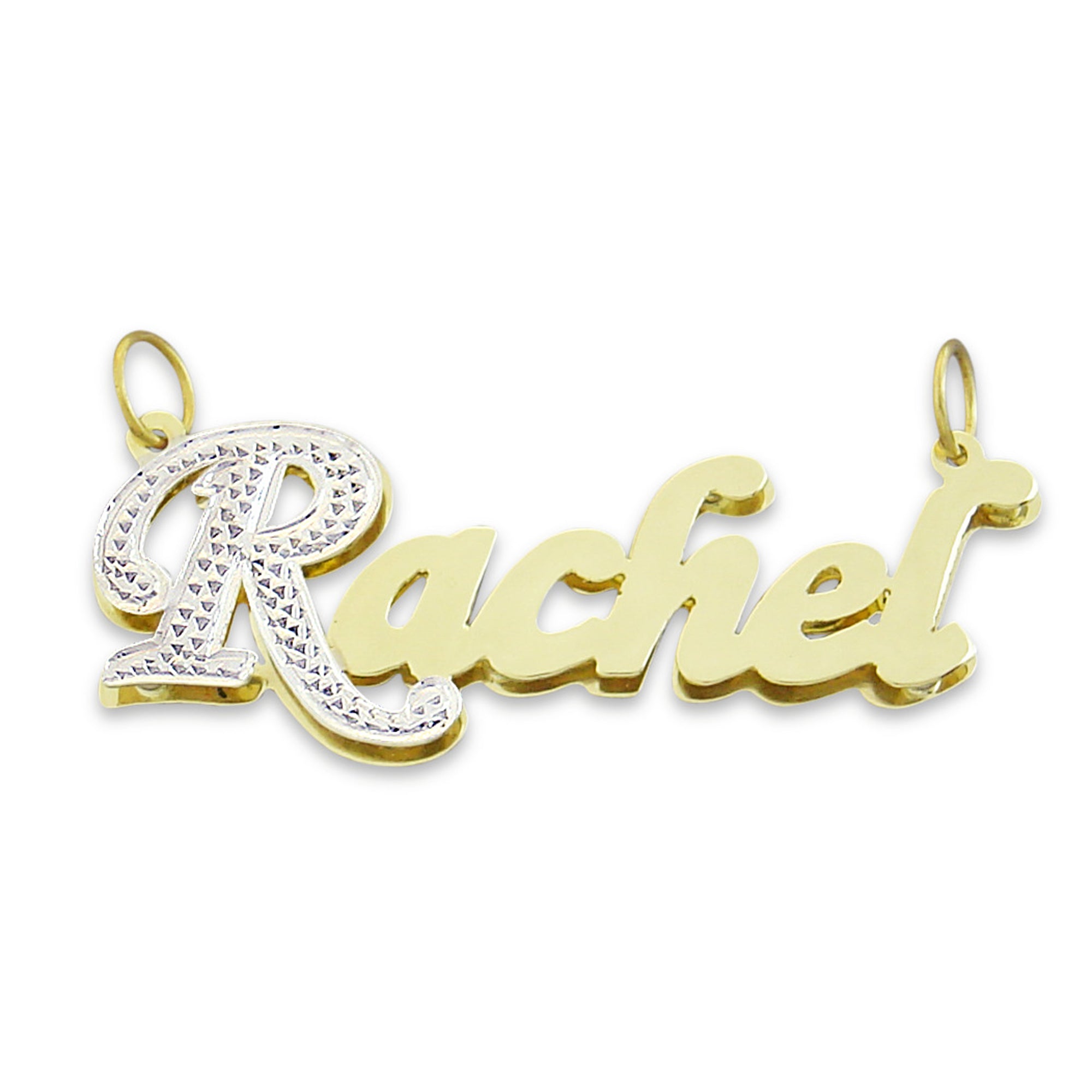 Solid 14K two-tone gold 3D double-plate script nameplate pendant in custom Rachel design with diamond-carved capital letter.