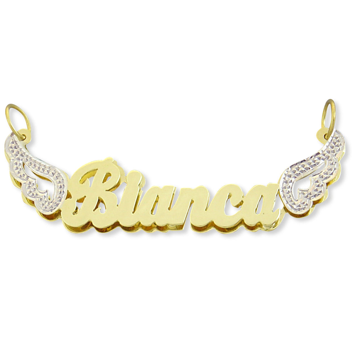 Custom solid gold 3D double plate name pendant spelling Bianca with rhodium-plated angel wings.