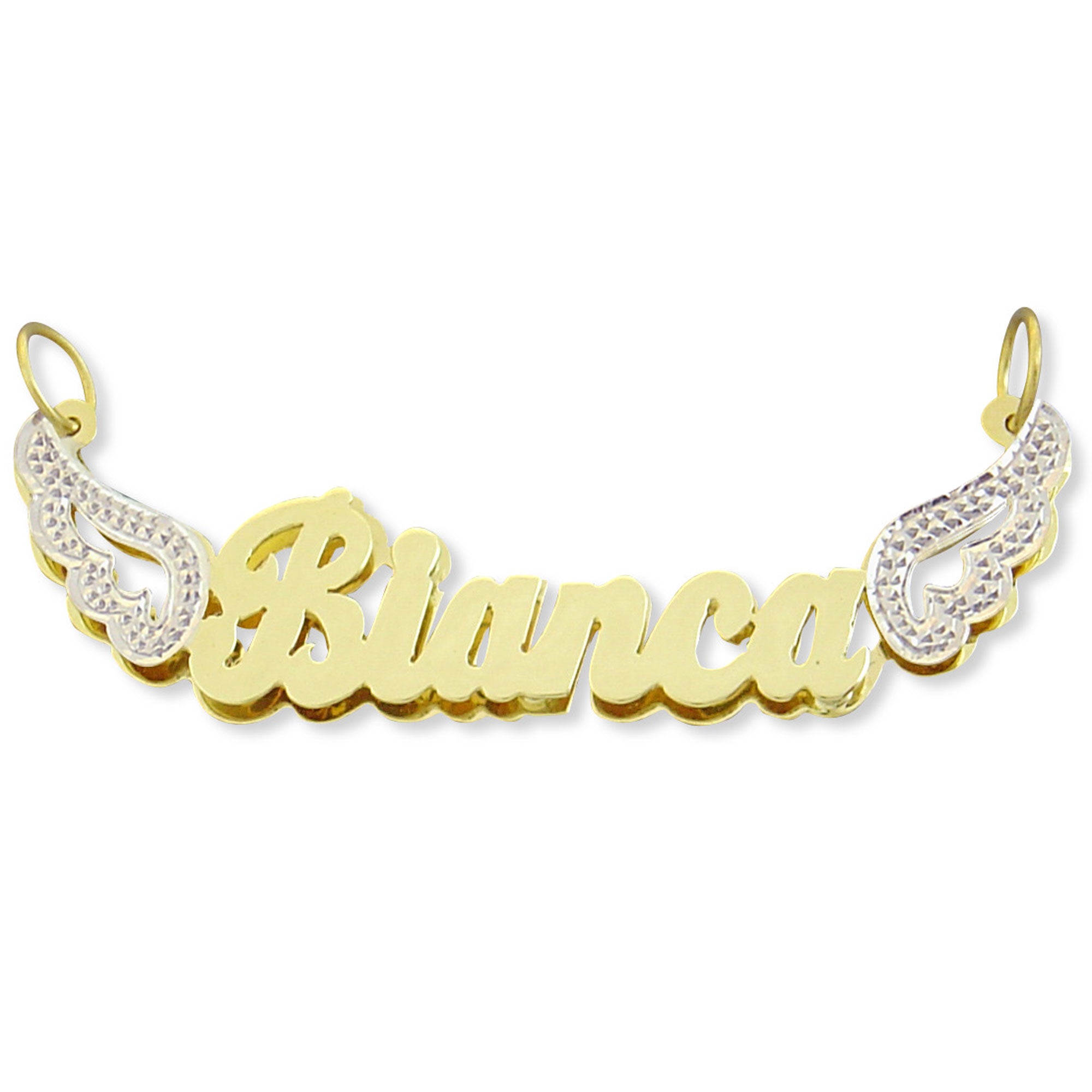 Custom solid gold 3D double plate name pendant spelling Bianca with rhodium-plated angel wings.