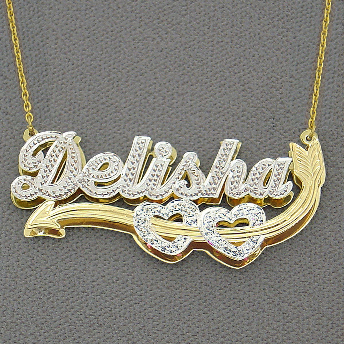 custom solid gold double plate name pendant showing solid construction