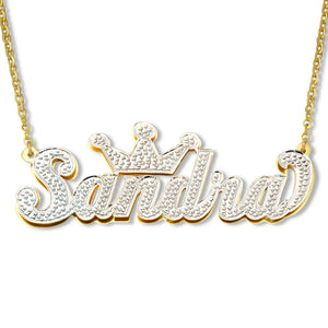 Custom 3D solid gold iced out name crown pendant spelling Sandra with diamond accents
