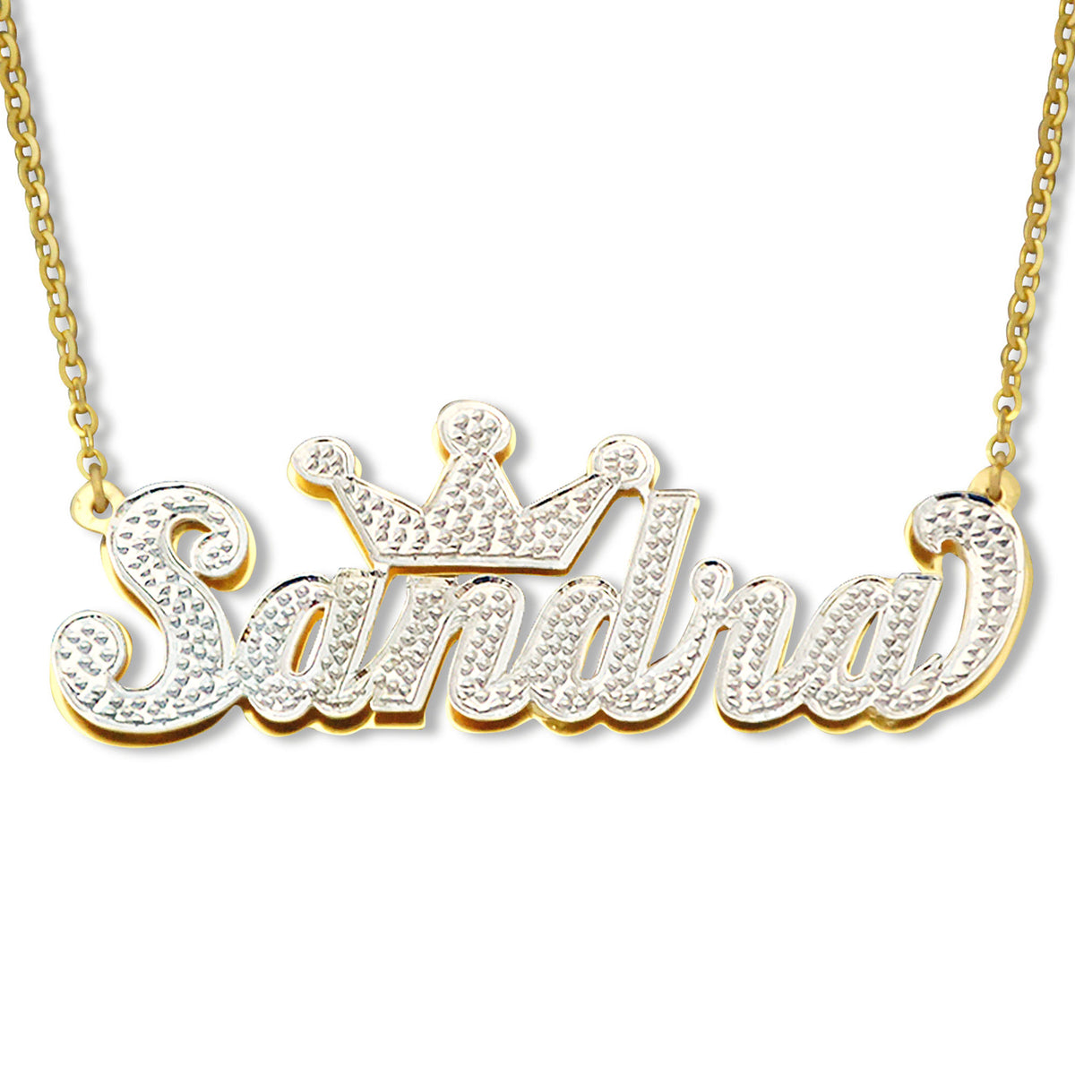 Custom 3D solid gold iced out name crown pendant spelling Sandra with diamond accents