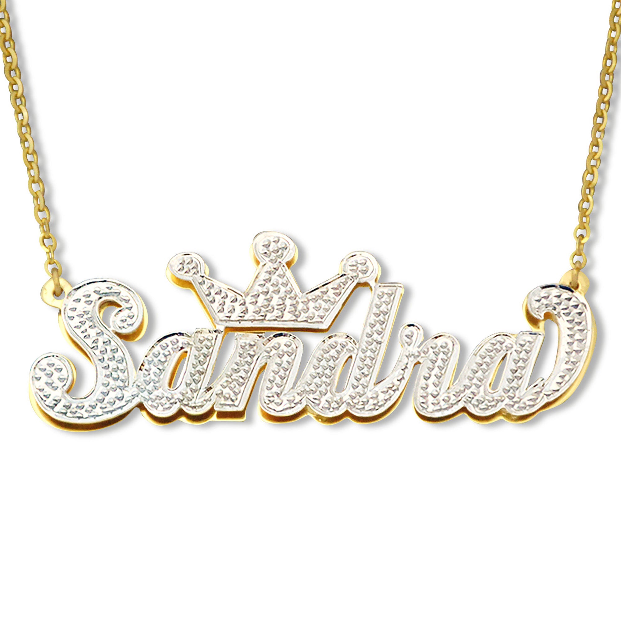 Custom 3D solid gold iced out name crown pendant spelling Sandra with diamond accents