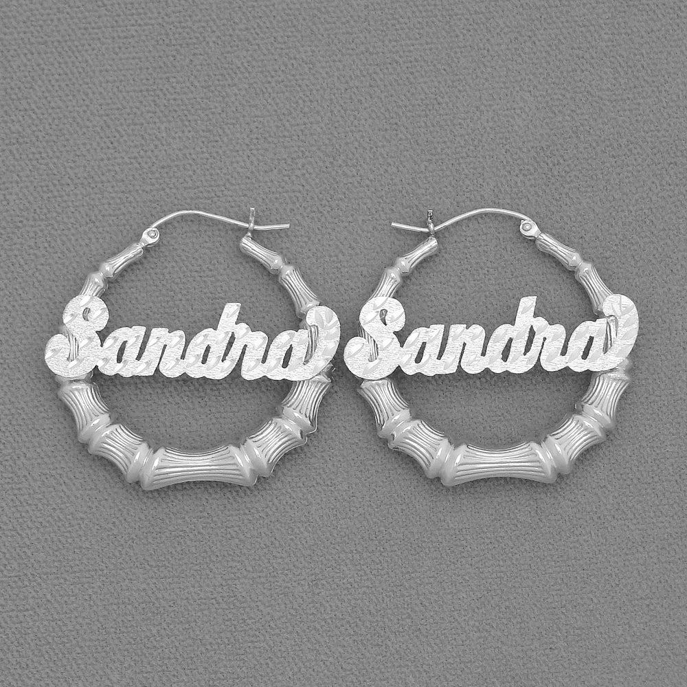 925 Sterling Silver Personalized Nameplate Bamboo Hoop Earrings