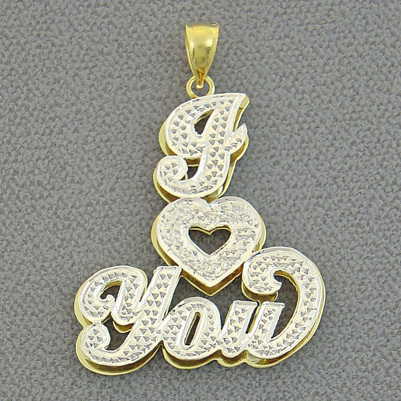 10k or 14k solid yellow gold I Love You double plate heart pendant charm with rhodium pave diamond accents
