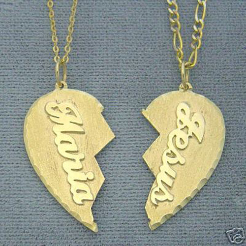Custom 10K and 14K solid gold broken split heart name pendant with cursive laser cutout names for couples