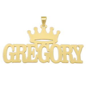 Custom 10k solid gold crown nameplate pendant featuring high-polish block font lettering spelling out GREGORY.