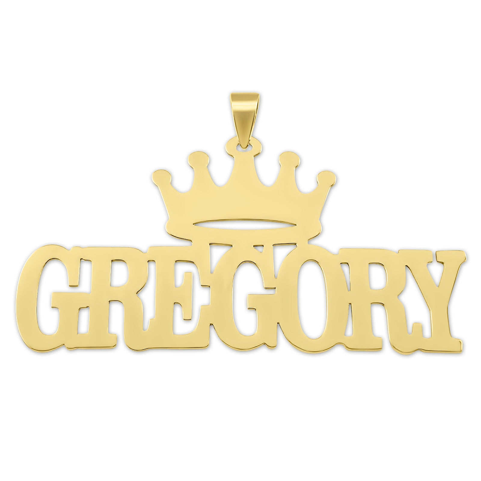 Custom 10k solid gold crown nameplate pendant featuring high-polish block font lettering spelling out GREGORY.