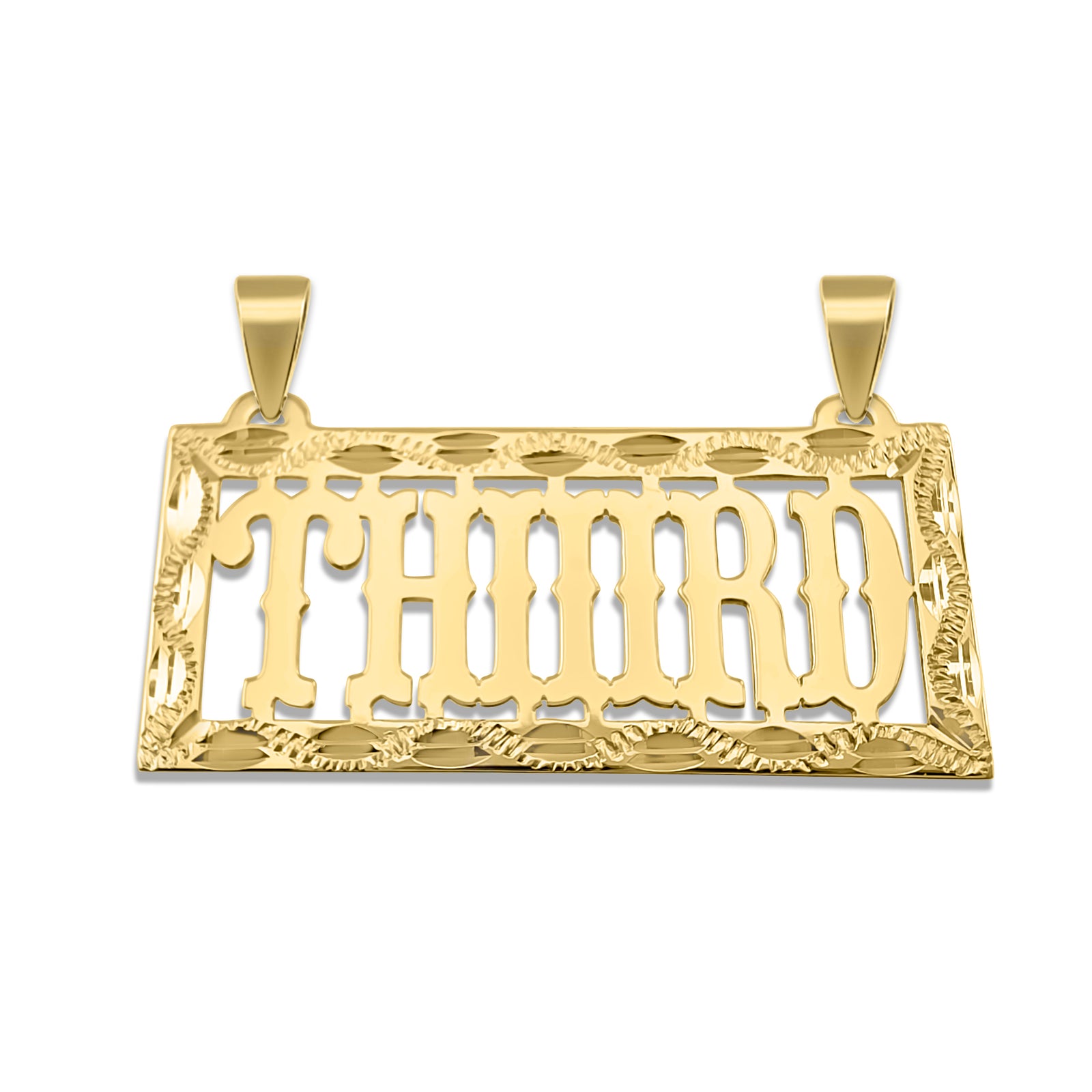 Custom 10k or 14k solid yellow gold rectangular name pendant featuring personalized cursive text and a diamond-cut border frame.