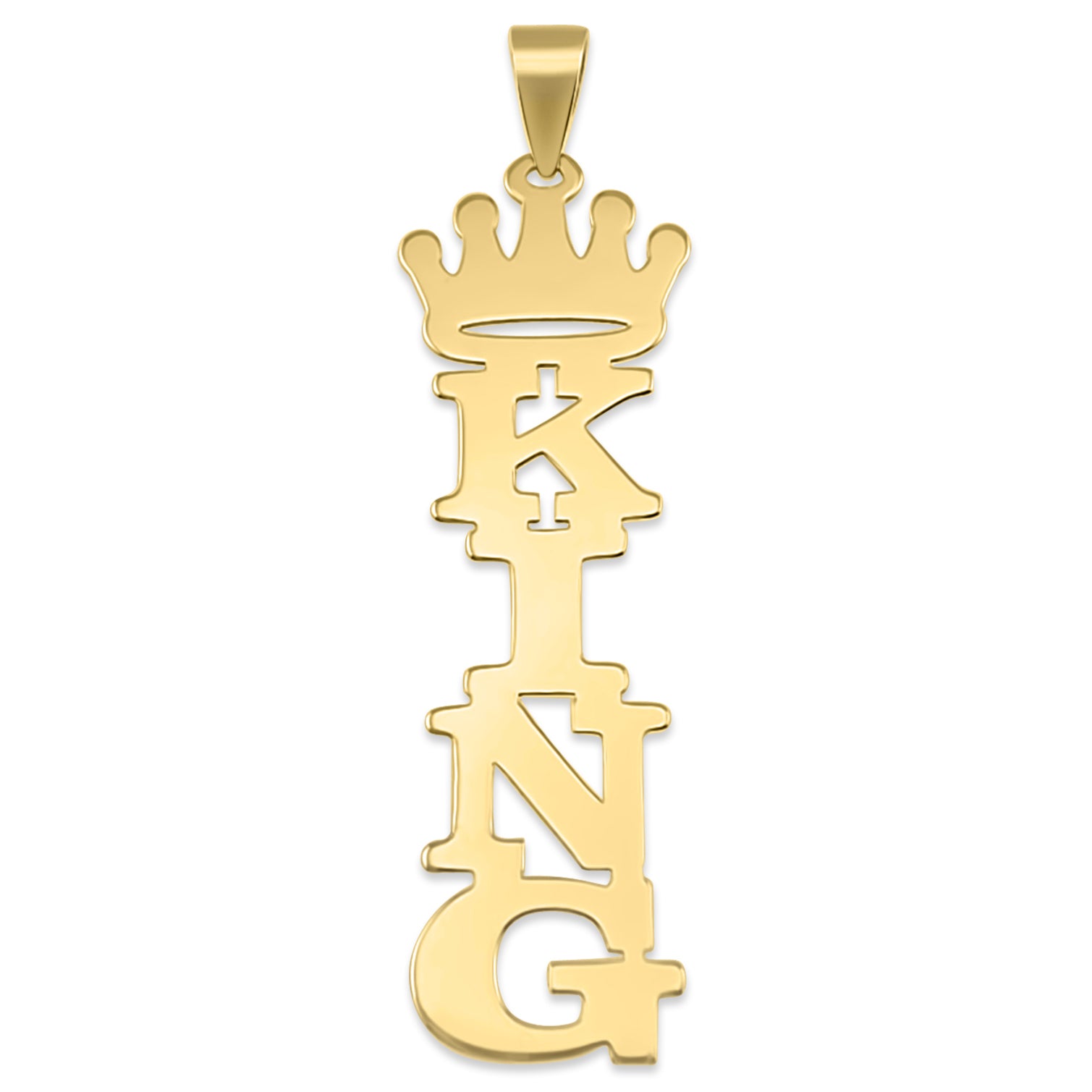 Solid 14k gold personalized vertical crown nameplate pendant featuring the custom name "KING" topped with a royal crown.